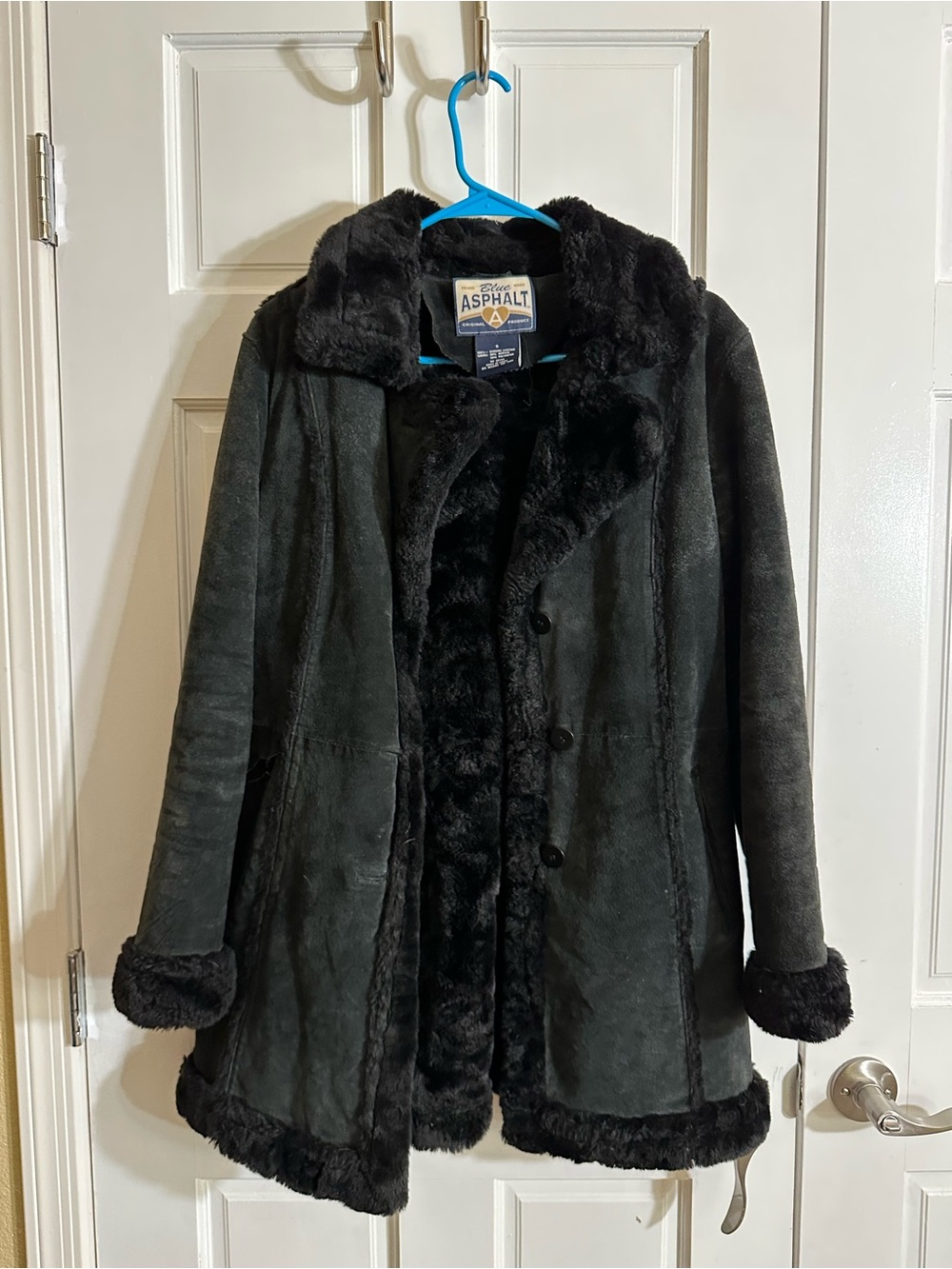 Blue Asphalt Black Faux-Suede Teddy Coat with Faux-Fur Trim